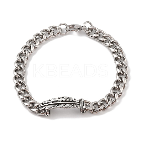 Ion Plating(IP) 304 Stainless Steel Feather Link Chain Bracelets for Men BJEW-B096-44AS-1