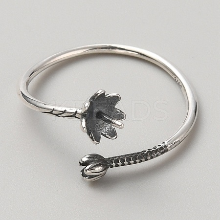 925 Sterling Silver Open Cuff Design Ring Mounts Fittings with Pearl Seat STER-WH0016-09AS-1