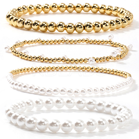 4Pcs 4 Styles Minimalist Brass & Plastic Imitation Pearl Round Beads Stretch Bracelets for Women OV6475-1-1