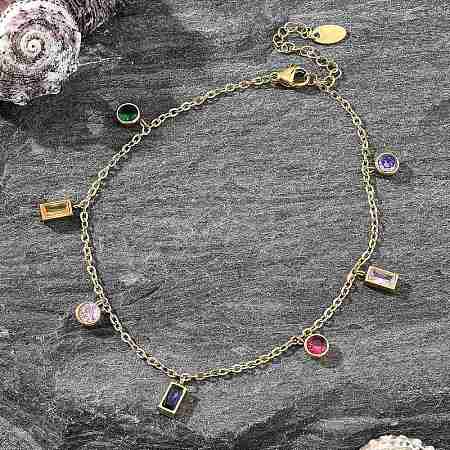 Ion Plating(IP) 304 Stainless Steel Colorful Cubic Zirconia Charm Anklets for Women STAS-P379-01G-1
