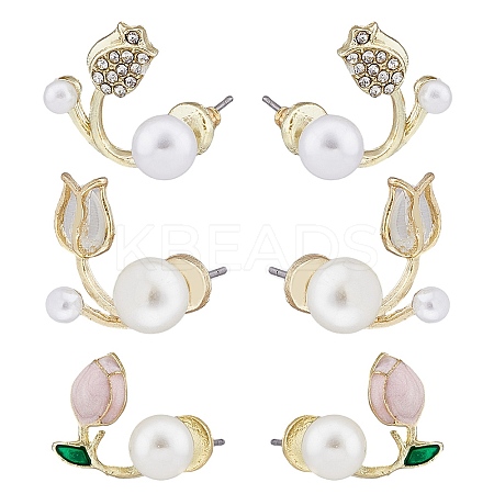 3 Pairs 3 Style Crystal Rhinestone Tulip Flower Stud Earrings with Plastic Pearl Beaded EJEW-FI0001-51-1