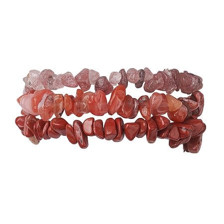 3Pcs Natural Rhodonite & Natural Red Jasper & Natural Strawberry Quartz Chip Beaded Stretch Bracelet Sets BJEW-JB10866-1