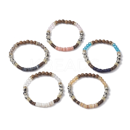 Round Natural Dalmatian Jasper & Glass & Wooden Beaded Stretch Bracelets for Women BJEW-JB10845-1