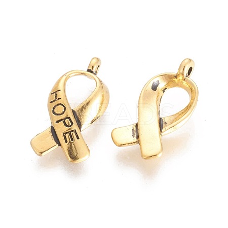 Breast Cancer Awareness Ribbon Carved Word Hope Tibetan Style Alloy Pendants TIBEP-LF5104YKG-AG-FF-1