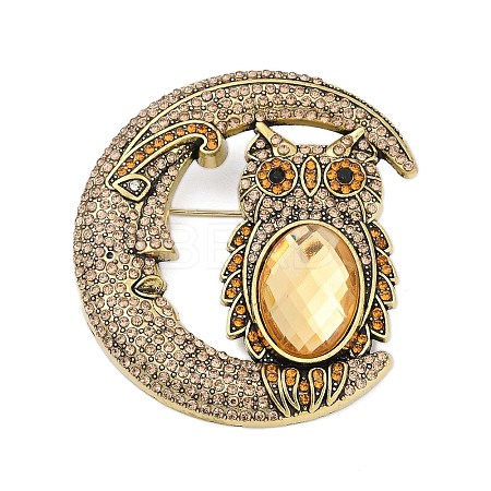 Owl with Moon Alloy Rhinestone Brooches for Backpack Clothes LS-PALLOY-D361-19G-1