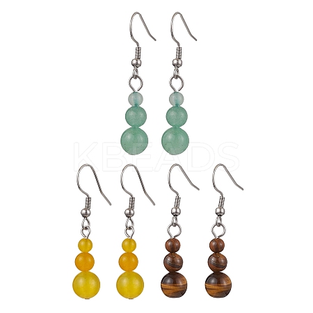3 Pairs 3 Styles Natural Malaysia Jade & Green Aventurine & Tiger Eye Dangle Earrings EJEW-JE06131-1
