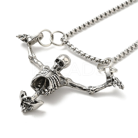 Halloween Theme Skeleton Alloy Pendant Necklaces with Box Chains NJEW-F319-01P-1