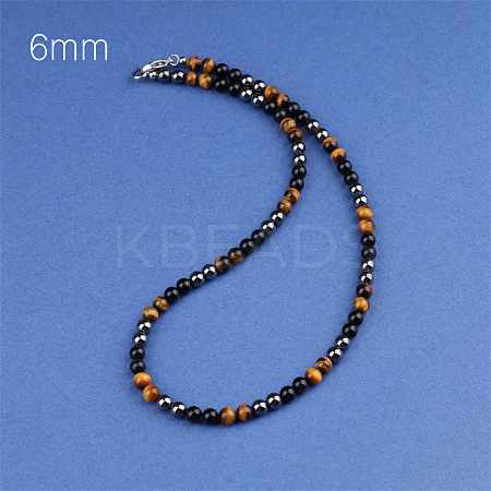 Synthetic Non-magnetic Hematite & Natural Tiger Eye & Obsidian Round Beaded Necklaces for Men LS-YX5918-1-1