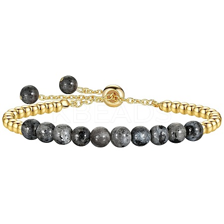 Natural Larvikite 304 Stainless Steel Round Beaded Adjustable Slider Bracelets for Men Women AW1156-6-1