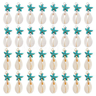 40Pcs 2 Colors Natural Cowrie Shell & Synthetic Turquoise Starfish Pendants PALLOY-HY00105-1