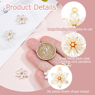 6Pcs Brass Micro Pave Clear Cubic Zirconia Pendants ZIRC-HS0001-07-1