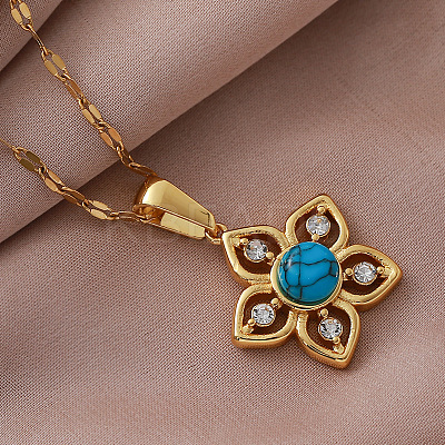Vintage 304 Stainless Steel & Synthetic Turquoise Flower Pendant Necklaces with Crystal Rhinestone for Women RQ4537-1