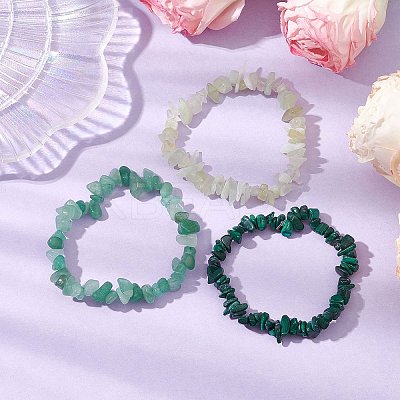 3Pcs Natural Green Aventurine & Natural Prehnite & Natural Malachite Chip Beaded Stretch Bracelet Sets BJEW-JB10862-1