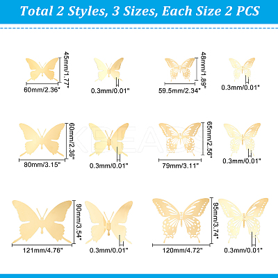12Pcs 6 Style Stainless Steel Butterfly Wall  Decoration Pendants STAS-UN0036-52G-1