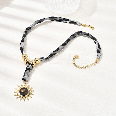 304 Stainless Steel with Natural Tiger Eye Sun Pendant Leopard Print Polyester Cord Necklaces for Women NJEW-A063-06G-1