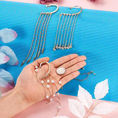 4Pcs Long Chain Tassel Drop Cuff Earrings with Imitation Pearl EJEW-KS0001-04-1