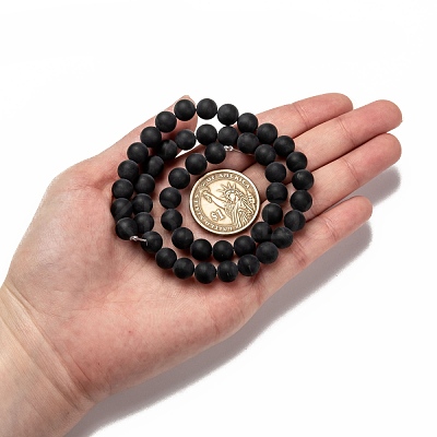 Grade A Round Frosted Natural Black Agate Beads Strands X-G447-4-1