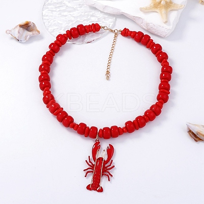 Plastic Lobster Pendant Beaded Necklaces with Alloy End Chains NJEW-D336-01G-1