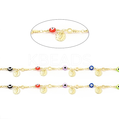 Glass Flat Round with Enamel Evil Eye Beaded Chains CHC-G017-23G-01-1