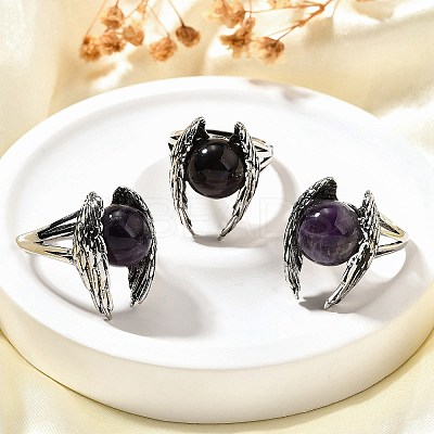 Natural Amethyst Wings Adjustable Rings RJEW-K241-04AS-08-1