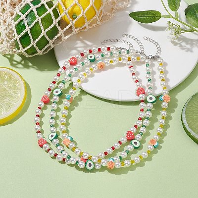 3Pcs 3 Style Fruit Polymer Clay & Glass Seed & Acrylic Pearl Beaded Necklaces Set NJEW-JN04582-1