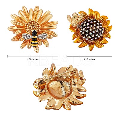 2Pcs 2 Style Sunflower and Bee Clear Cubic Zirconia Badges Pins with Enamel JX167A-1