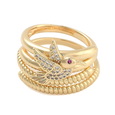 Brass Micro Pave Cubic Zirconia Bird Open Cuff Rings Set for Women RJEW-U002-11G-1
