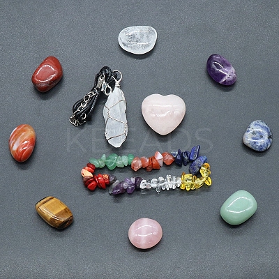 Tumbled and Heart Stone & Bracelet & Necklace Mixed Natural Gemstone Healing Stones Set PW-WG44401-01-1