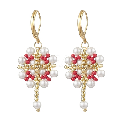 Flower with Cross 304 Stainless Steel Earrings Glass Seeds Leverback Earrings EJEW-MZ00507-02-1