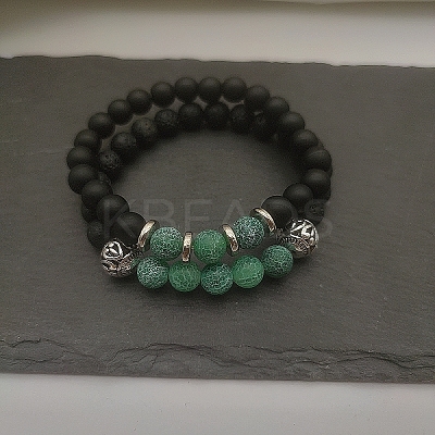 Natural Lava Rock & Frosted Stone Round Beads Stretch Bracelet Set Women DF9720-4-1