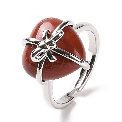 Gemstone Heart with Bowknot Adjustable Ring RJEW-P031-02P-1