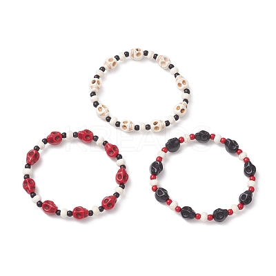 3Pcs 3 Colors Synthetic Turquoise & Glass Seed Beads Bracelets BJEW-JB12170-1