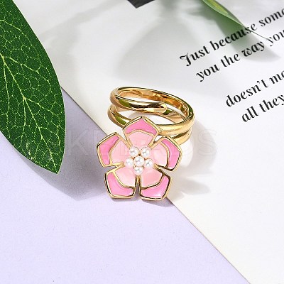 Flower 304 Stainless Steel Enamel Cuff Rings for Women RJEW-Z079-01G-1