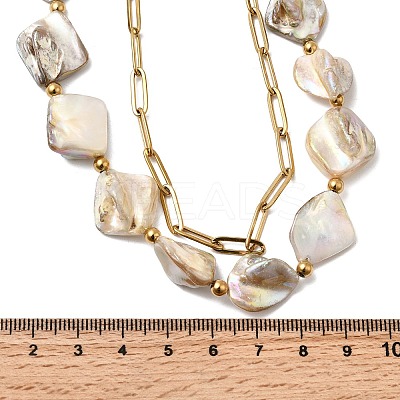 304 Stainless Steel with Dyed Floral White Natural Shell Nuggets Beaded Double Layer Necklaces for Women LS-NJEW-G181-13G-1
