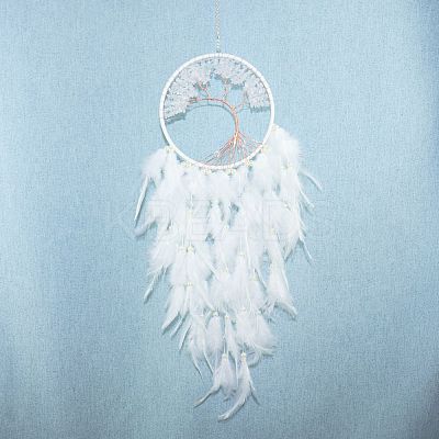 Tree of Life Wrapped Natural Quartz Crystal Chips Woven Web/Net with Feather Decorations PW-WG91800-04-1