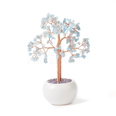 Natural Aquamarine Gemstone Chips with Brass Wrapped Wire Money Tree on Ceramic Vase Display Decorations DJEW-B007-02G-1