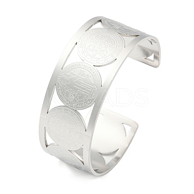 304 Stainless Steel Wide Hollow Saint Benedict Medal Open Cuff Bangles BJEW-S154-01P-1