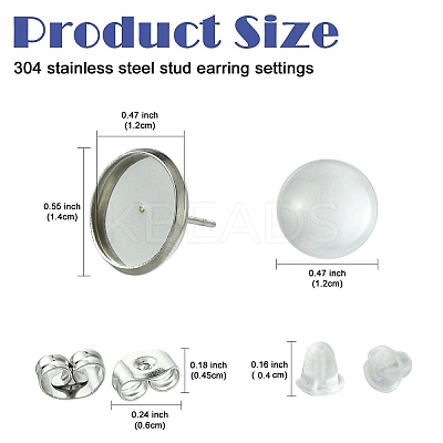 160Pcs 4 Styles Flat Round 304 Stainless Steel Stud Earring Settings with Transparent Glass Cabochons with 304 Stainless Steel Ear Nuts with Plastic Ear Nuts FIND-YW0005-37-1