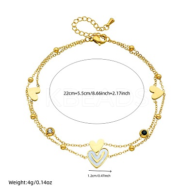 304 Stainless Steel Pave Clear and Black Cubic Zirconia & Natural White Shell Heart Pendant Double Layer Anklets for Women FS-WG8082B-01-1