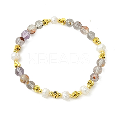 Round Natural Lodolite Quartz & Cultured Freshwater Pearl & Brass Beaded Stretch Bracelets for Women BJEW-JB14060-03-1