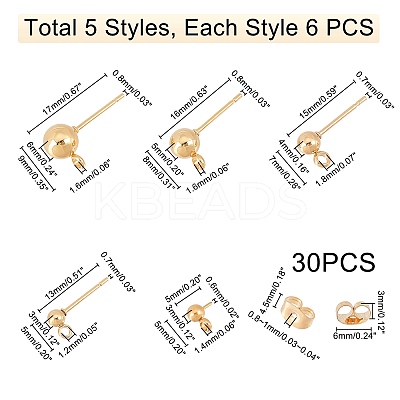 30Pcs 5 Styles 304 Stainless Steel Ball Post Stud Earring Findings STAS-PH0001-48-1