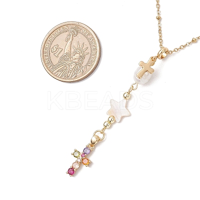 Natural Cultured Freshwater Pearl & Freshwater Shell Star & Brass Pave Colorful Cubic Zirconia Cross Pendant 304 Stainless Steel Cable Chain Y Necklaces NJEW-JN05365-1
