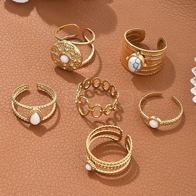 6Pcs 6 Style Oval & Flat Round & Teardrop 304 Stainless Steel Open Cuff Rings Set RJEW-P092-09G-M-1