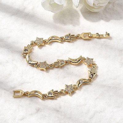 Moon & Star & Hamsa Hand Brass Micro Pave Clear Cubic Zirconia Link Chain Bracelets BJEW-C130-03G-1
