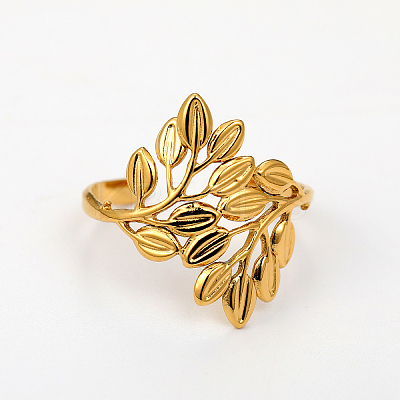 201 Stainless Steel Leaf Open Cuff Ring Women's Holiday Date Gift RU2411-1