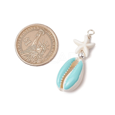 2Pcs 2 Colors Cowrie Shell Enamel & Synthetic Turquoise Starfish Pendants PALLOY-JF03406-1