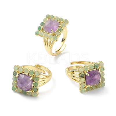 Natural Amethyst & Green Aventurine Rectangle Adjustable Ring RJEW-B030-01A-10-1