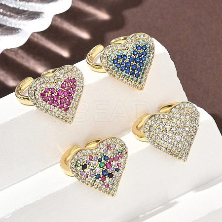 Heart Brass Micro Pave Cubic Zirconia Cuff Rings for Women RJEW-A069-12G-1