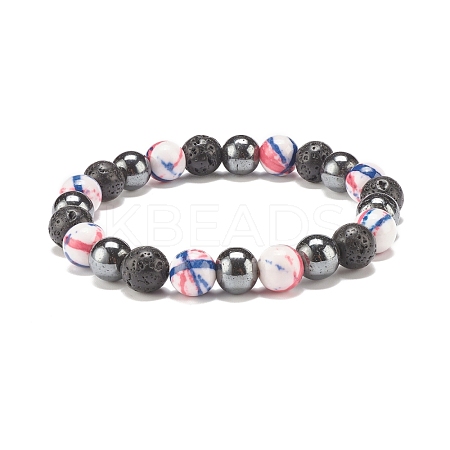 Natural Lava Rock & Synthetic Hematite & Ocean White Jade(Dyed) Round Beaded Stretch Bracelet BJEW-JB07972-01-1