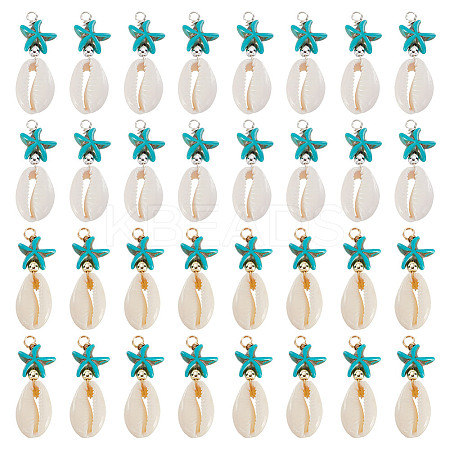 40Pcs 2 Colors Natural Cowrie Shell & Synthetic Turquoise Starfish Pendants PALLOY-HY00105-1